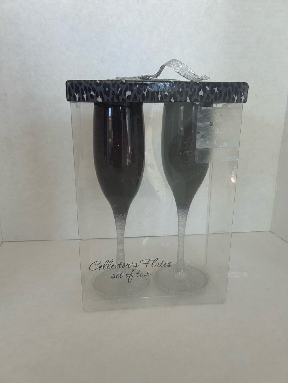 Collector's Flutes Set of Two - Black/Dark Blue with Glitter Stems NWIB 9in.T